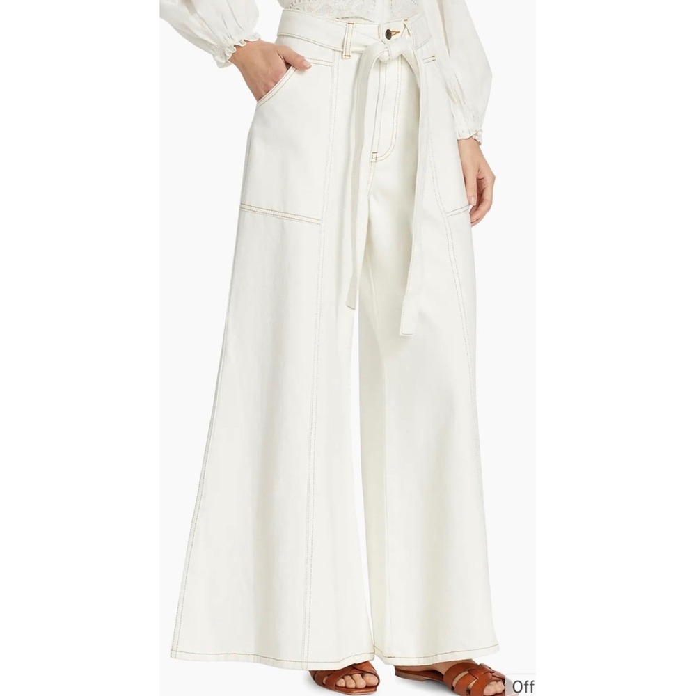 FARM Rio OffWhite Belted Wide Leg Pants M High Rise Contrast Stitch Boho Coastal